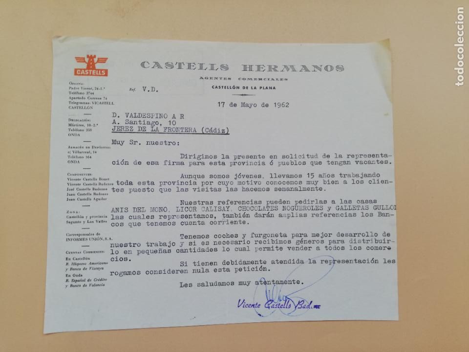 Lettres commerciales: CARTA COMERCIAL. CASTELLS HERMANOS. CASTELLON DE LA PLANA, 1962.