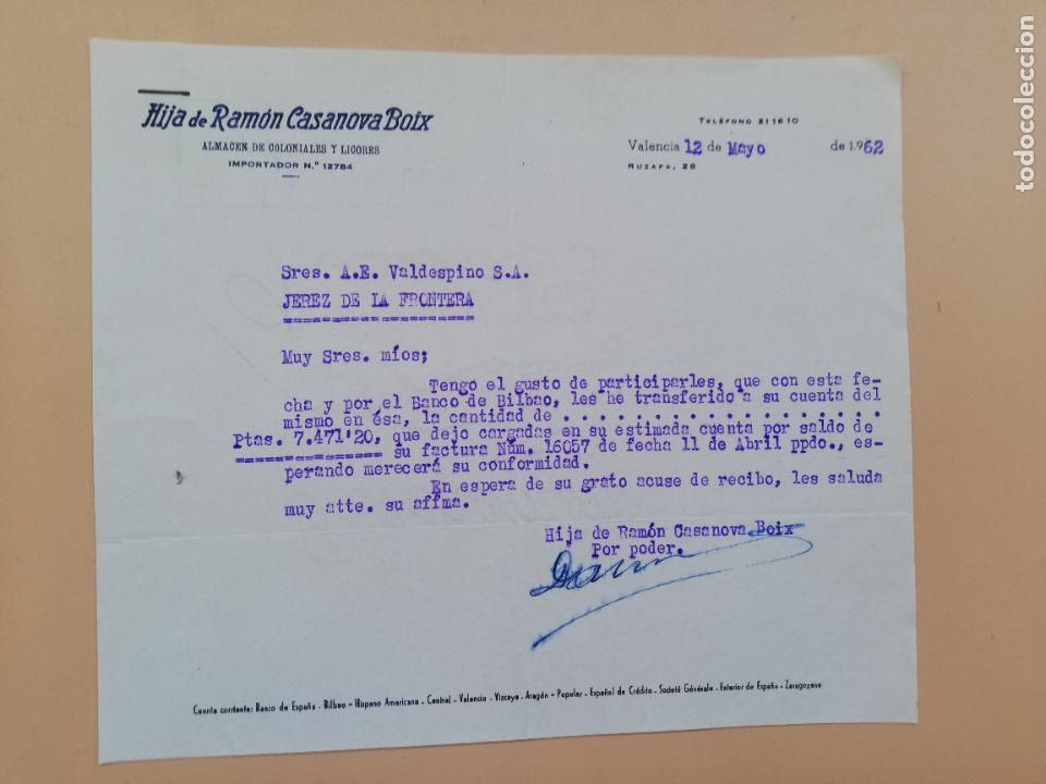 Lettres commerciales: CARTA COMERCIAL. HIJA DE RAMON CASANOVA BOIX. ALMACEN DE COLONIALES Y LICORES. VALENCIA, 1962.