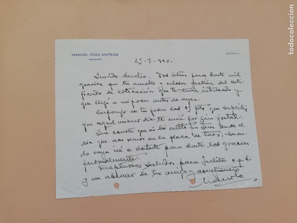 Lettres commerciales: CARTA COMERCIAL. MANUEL I&Ntilde;IGO MATEOS. ABOGADO. 1940.