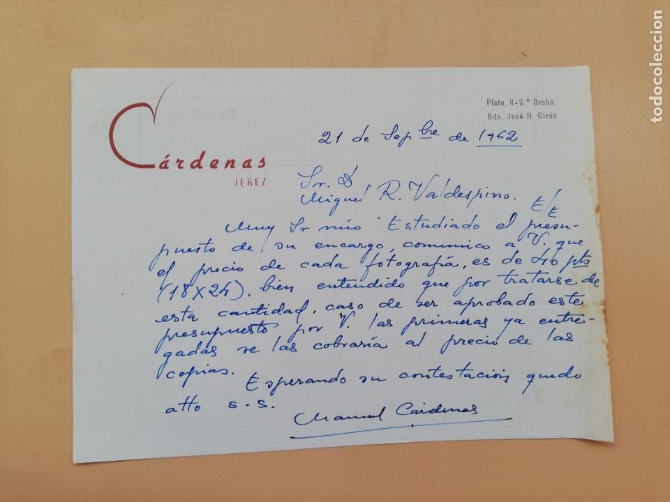 Lettres commerciales: CARTA COMERCIAL. CARDENAS. JEREZ DE LA FRONTERA, 1962.