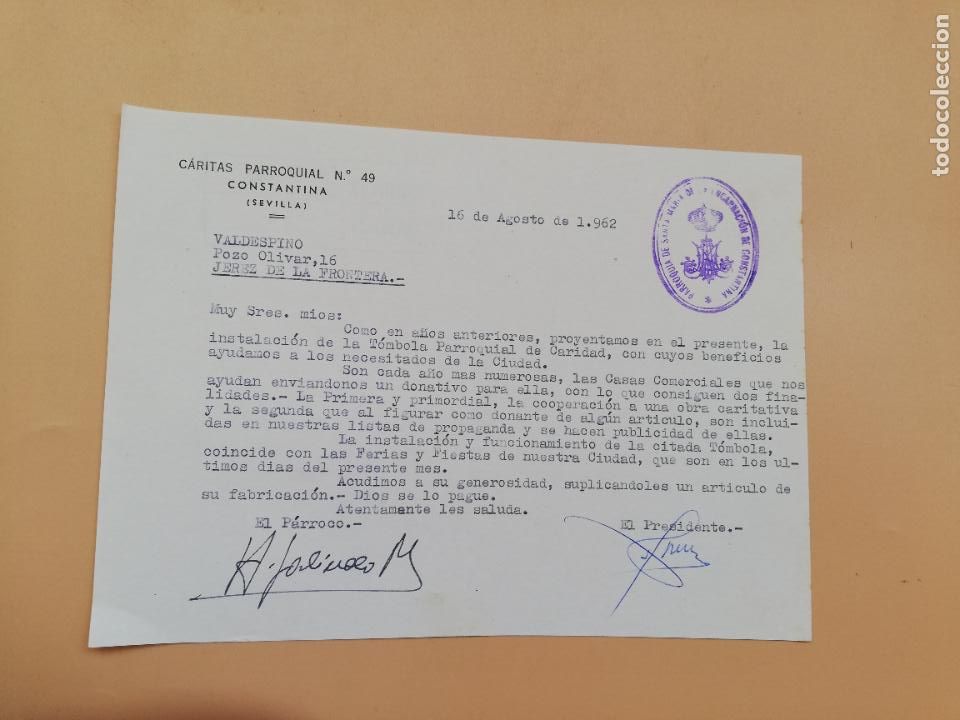 Lettres commerciales: CARTA COMERCIAL. CARITAS PARROQUIAL. SEVILLA, 1962.