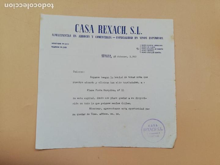 Lettres commerciales: CARTA COMERCIAL. CASA REXACH,S.L. ALMACENES EN ARROCES Y COMESTIBLES. VINOS ESPUMOSOS. GERONA. 1962.