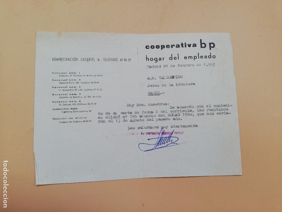 Lettres commerciales: CARTA COMERCIAL. COOPERATIVA BP. HOGAR DEL EMPLEADO. MADRID. 1962.