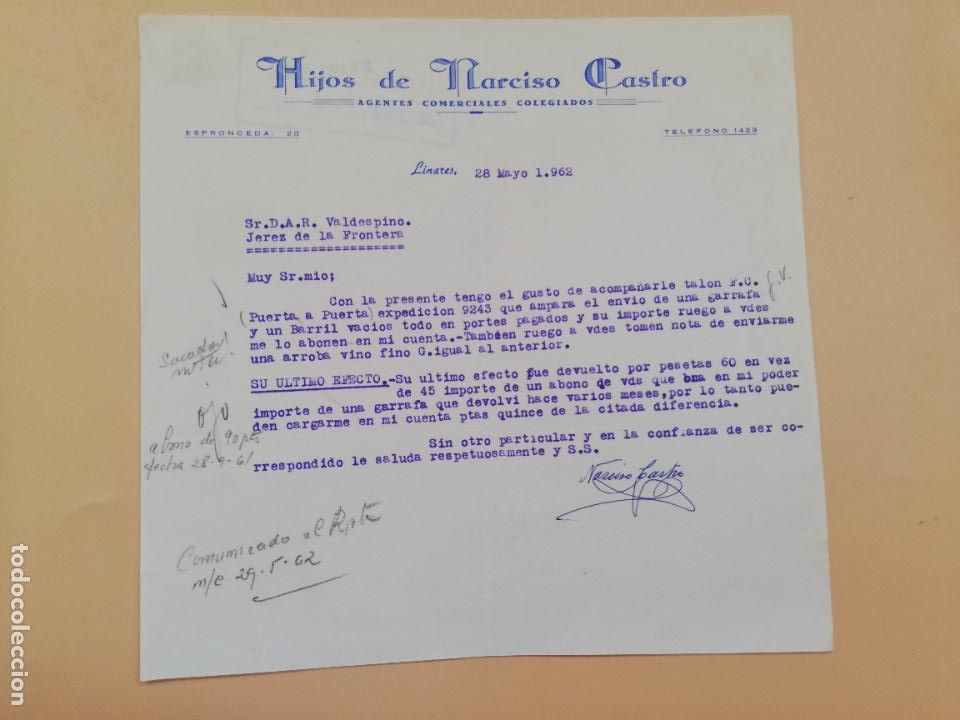 Lettres commerciales: CARTA COMERCIAL. HIJOS DE NARCISO CASTRO. AGENTES COMERCIALES COLEGIADOS. LINARES, JAEN. 1962.