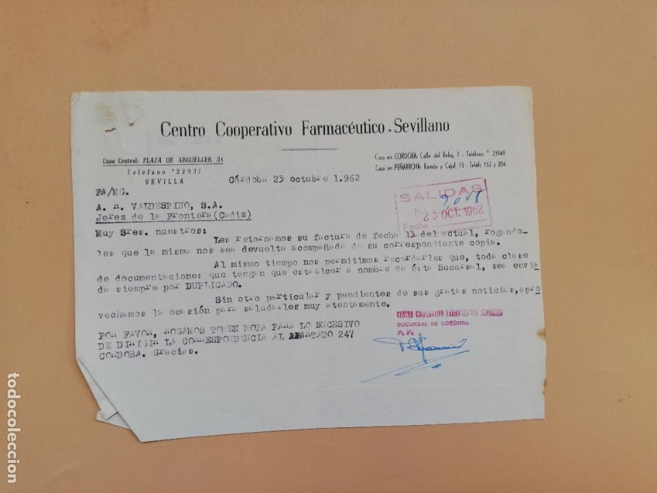 Commercial Letters: CARTA COMERCIAL. CENTRO COOPERATIVO FARMACEUTICO- SEVILLANO. CORDOBA. 1962.