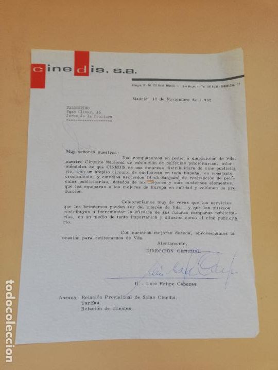 Commercial Letters: CARTA COMERCIAL. CINEDIS, S. A. MADRID. 1962.