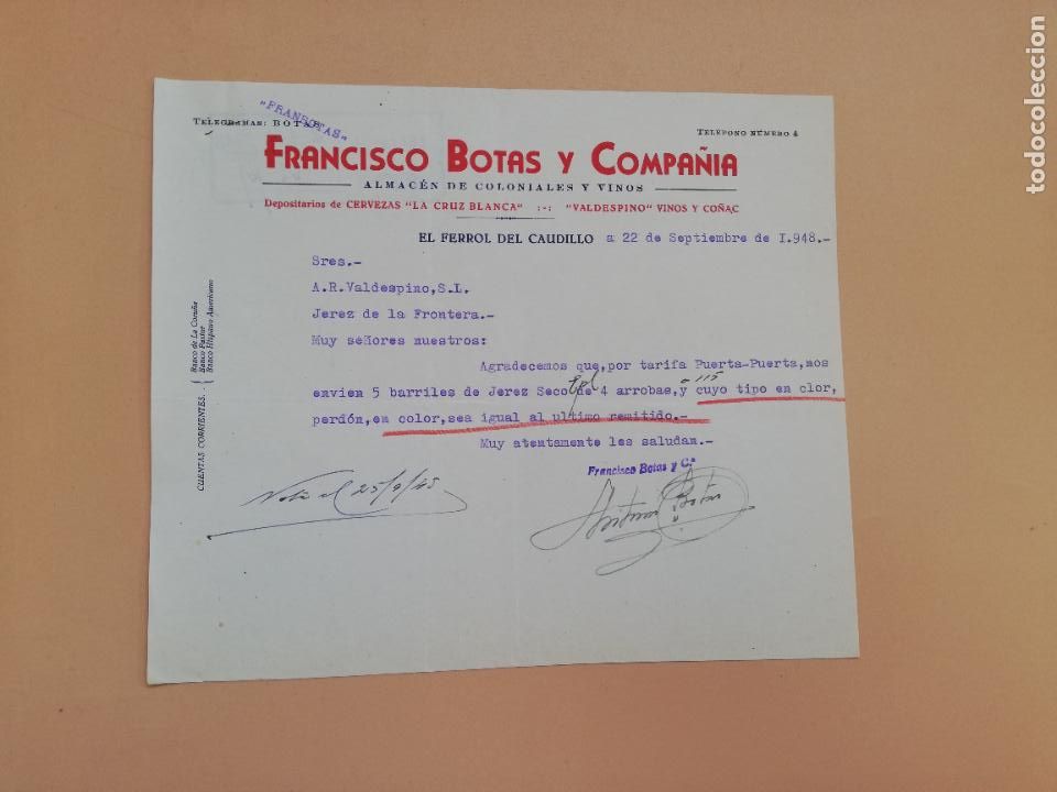 Gesch&auml;ftsbriefe: CARTA COMERCIAL. FRANCISCO BOTAS Y COMPA&Ntilde;IA. ALMACEN DE COLONIALES Y VINOS. EL FERROL, 1948.