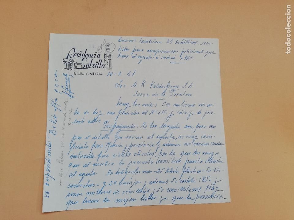 Gesch&auml;ftsbriefe: CARTA COMERCIAL. RESIDENCIA SALZILLO. MURCIA, 1963.