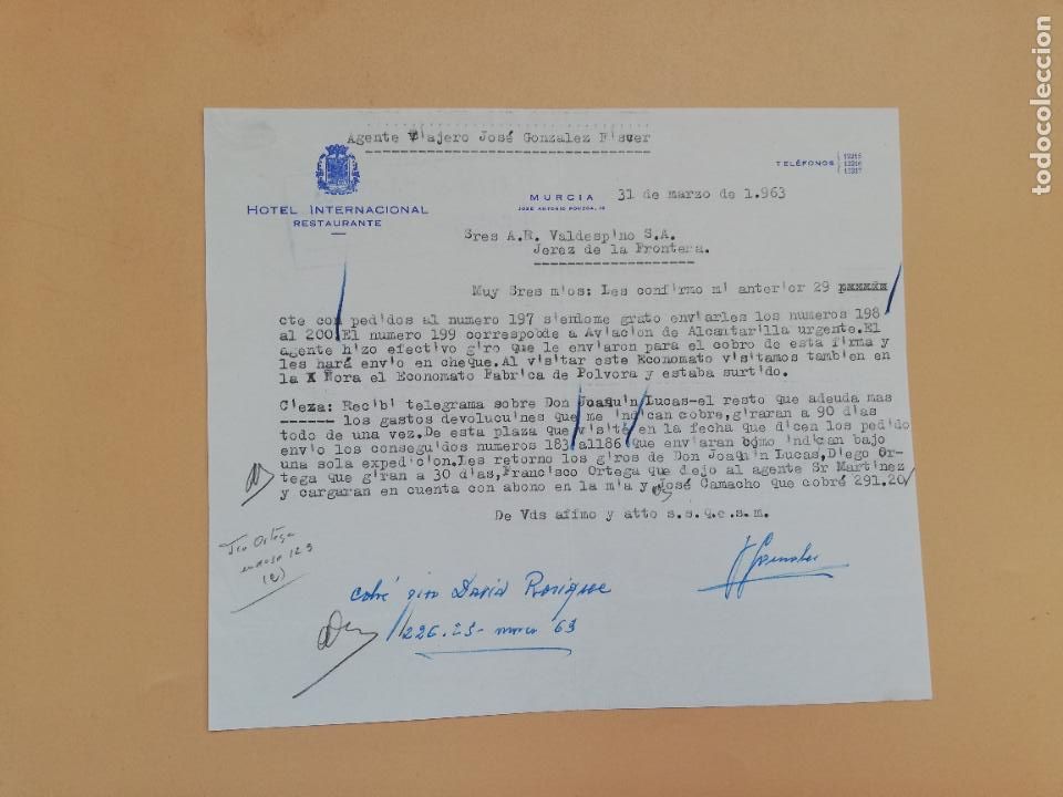 Gesch&auml;ftsbriefe: CARTA COMERCIAL. HOTEL INTERNACIONAL, RESTAURANTE. MURCIA. 1963.