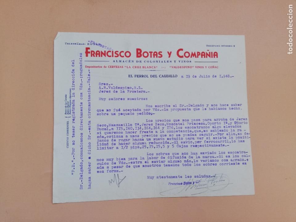 Gesch&auml;ftsbriefe: CARTA COMERCIAL. FRANCISCO BOTAS Y COMPA&Ntilde;IA. ALMACEN DE COLONIALES Y VINOS. EL FERROL, 1948.