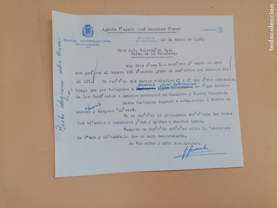Gesch&auml;ftsbriefe: CARTA COMERCIAL. HOTEL INTERNACIONAL, RESTAURANTE. MURCIA. 1963.