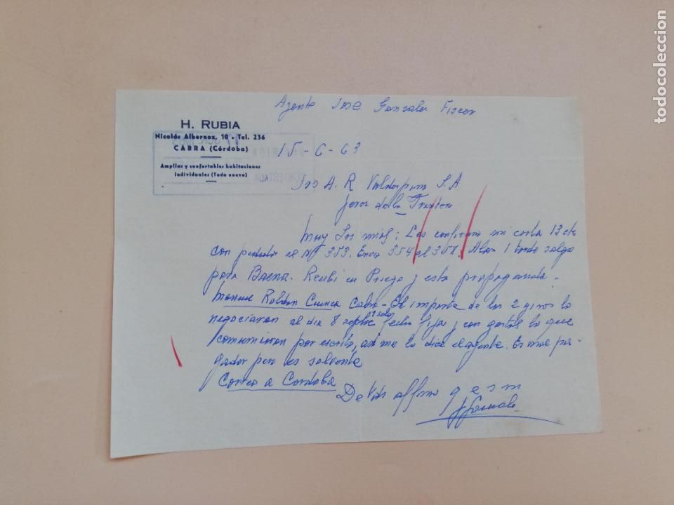 Gesch&auml;ftsbriefe: CARTA COMERCIAL. H. RUBIA. CABRA, CORDOBA. 1963.