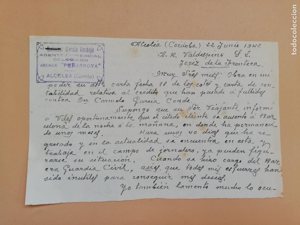 Gesch&auml;ftsbriefe: CARTA COMERCIAL. GARCIA VERDEJO. ALCOLEA, CORDOBA. 1948.