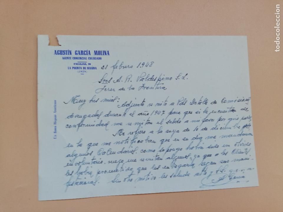 Gesch&auml;ftsbriefe: CARTA COMERCIAL. AGUSTIN GARCIA MOLINA. AGENTE COMERCIAL COLEGIADO. LA PUERTA DE SEGURA, JAEN. 1948.