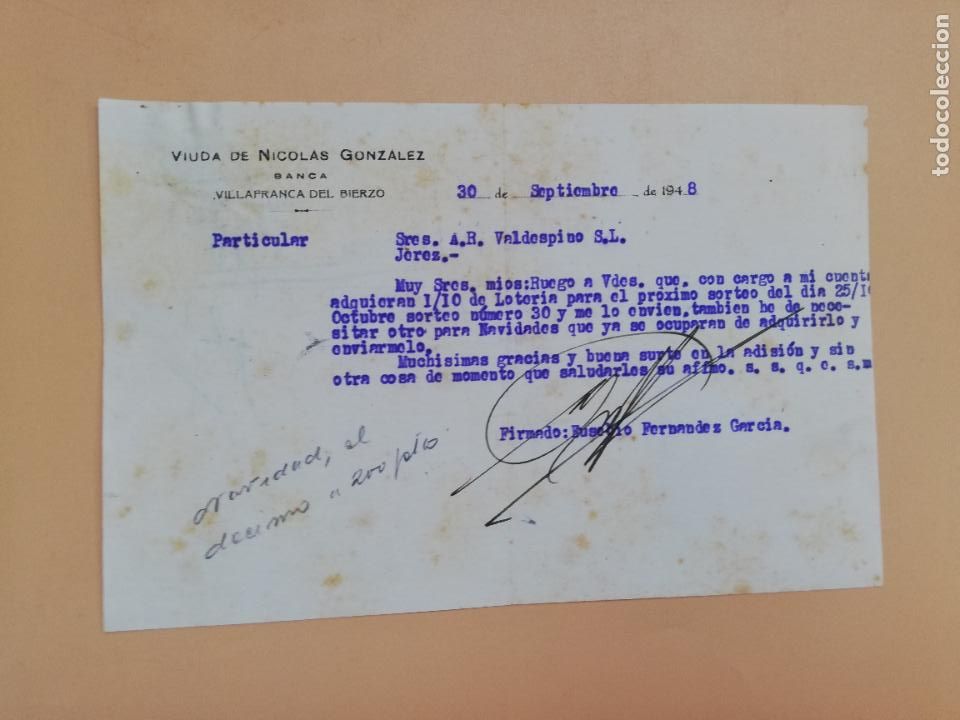 Gesch&auml;ftsbriefe: CARTA COMERCIAL. VIUDA DE NICOLAS GONZALEZ. BANCA. VILLAFRANCA DEL BIERZO, LEON. 1948.