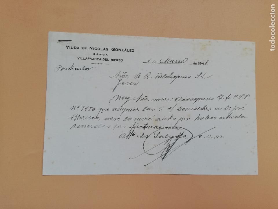 Gesch&auml;ftsbriefe: CARTA COMERCIAL. VIUDA DE NICOLAS GONZALEZ. BANCA. VILLAFRANCA DEL BIERZO, LEON. 1948.