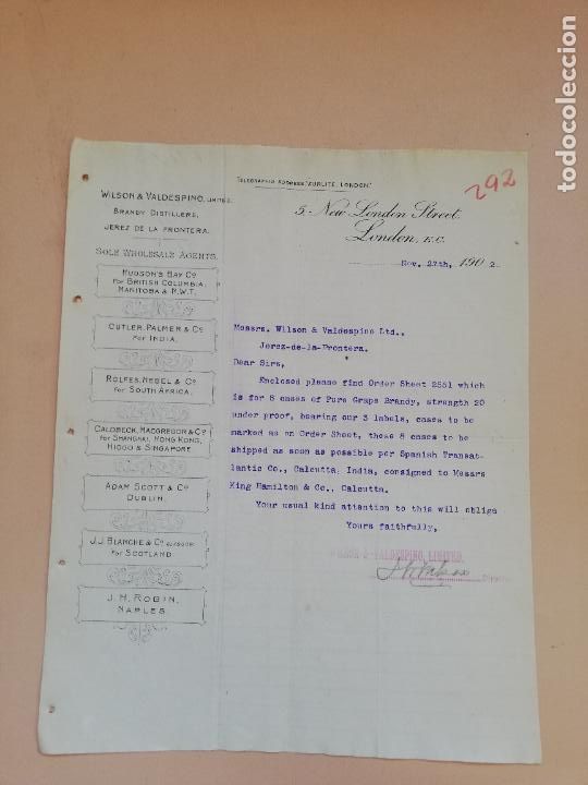 Gesch&auml;ftsbriefe: CARTA COMERCIAL. WILSON & VALDESPINO. LIMITED. BRANDY DISTILLERS. LONDON, 1902.