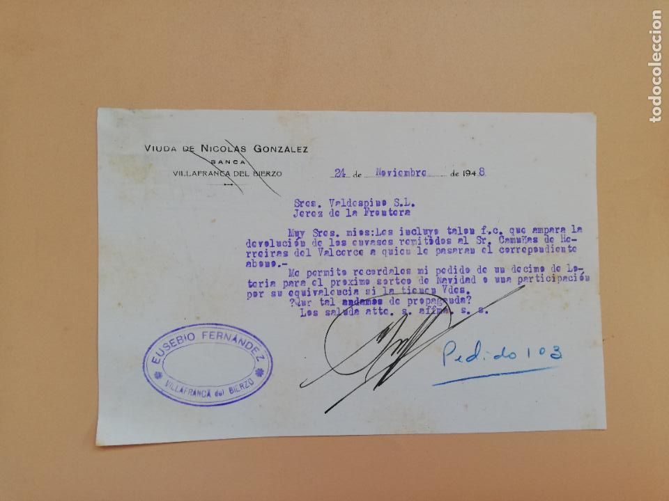 Gesch&auml;ftsbriefe: CARTA COMERCIAL. VIUDA DE NICOLAS GONZALEZ. BANCA. VILLAFRANCA DEL BIERZO, LEON. 1948.