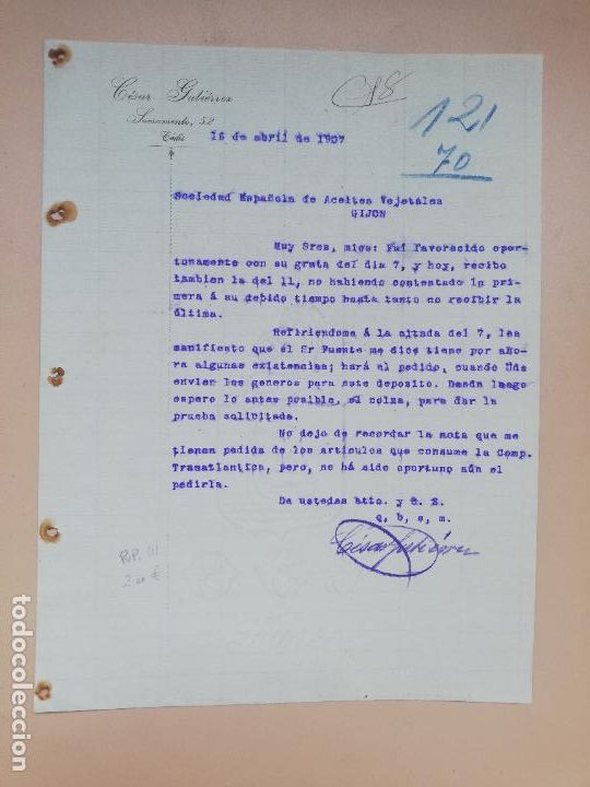 Cartas comerciales: CARTA COMERCIAL. CESAR GUTIERREZ. CADIZ. 1907. - Foto 1