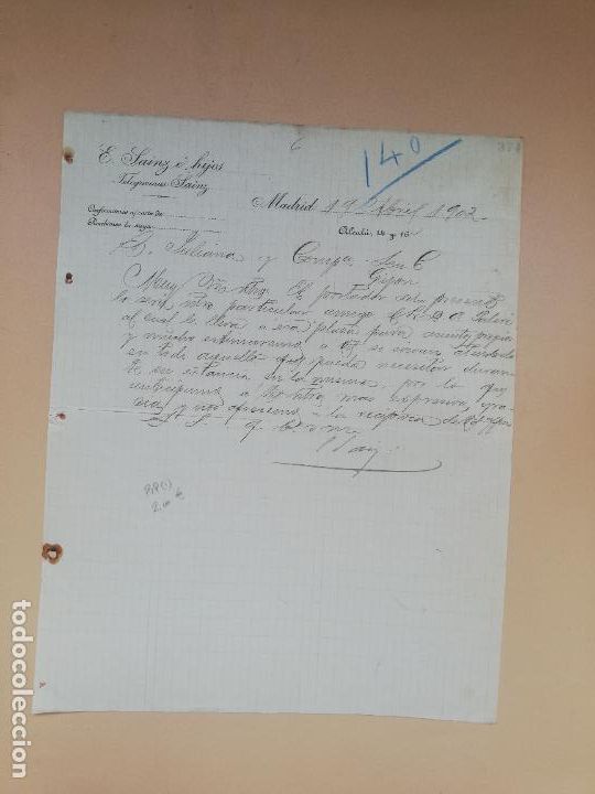 Cartas comerciales: CARTA COMERCIAL. E. SAINZ E HIJOS. MADRID, 1902. - Foto 1