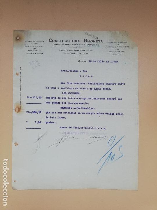 Cartas comerciales: CARTA COMERCIAL. CONSTRUCTORA GIJONESA. GIJON, 1920. - Foto 1