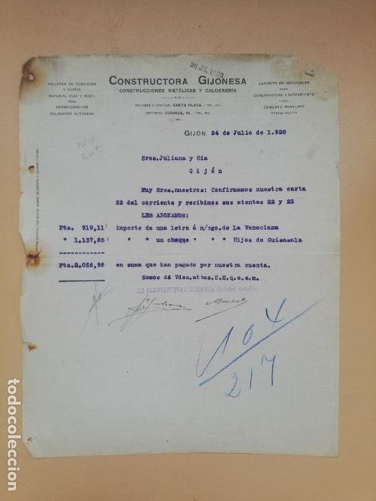 Cartas comerciales: CARTA COMERCIAL. CONSTRUCTORA GIJONESA. GIJON, 1920. - Foto 1