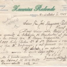 Cartas comerciais: CARTA COMERCIAL DE ULTRAMARINOS ZACARIAS REDONDO EN GRAUS (HUESCA) - 1939. Lote 363067645