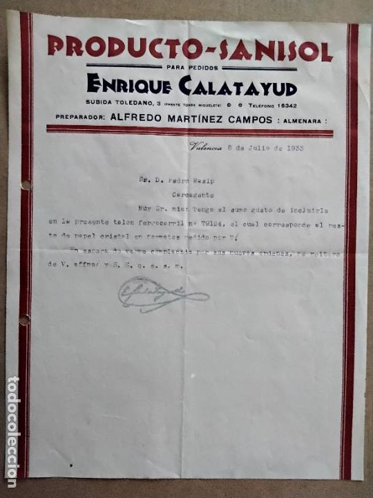 Cartas comerciales: sanisol 1933 almenara valencia - Foto 1