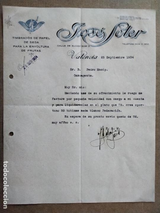 Cartas comerciales: timbrados soler 1934 valencia - Foto 1