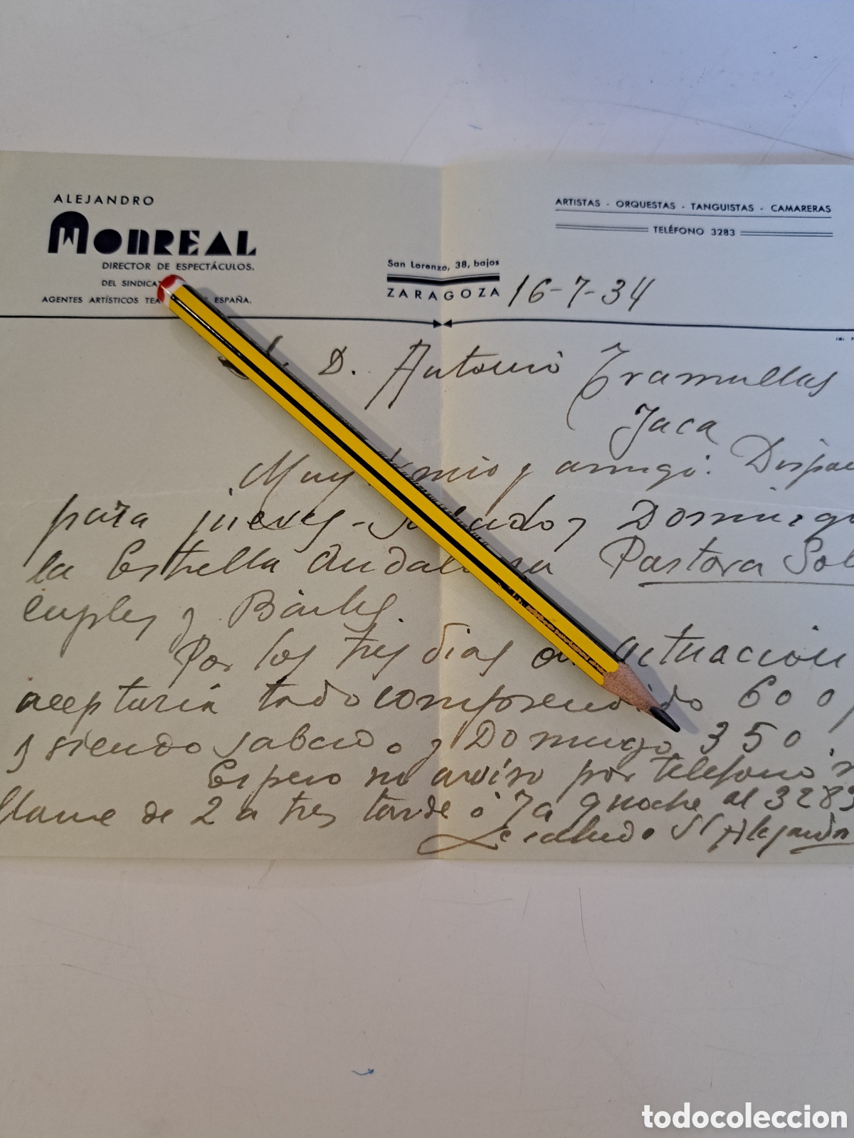 Cartas comerciales: Alejandro Monreal espect&aacute;culos Zaragoza 1934 - Foto 1