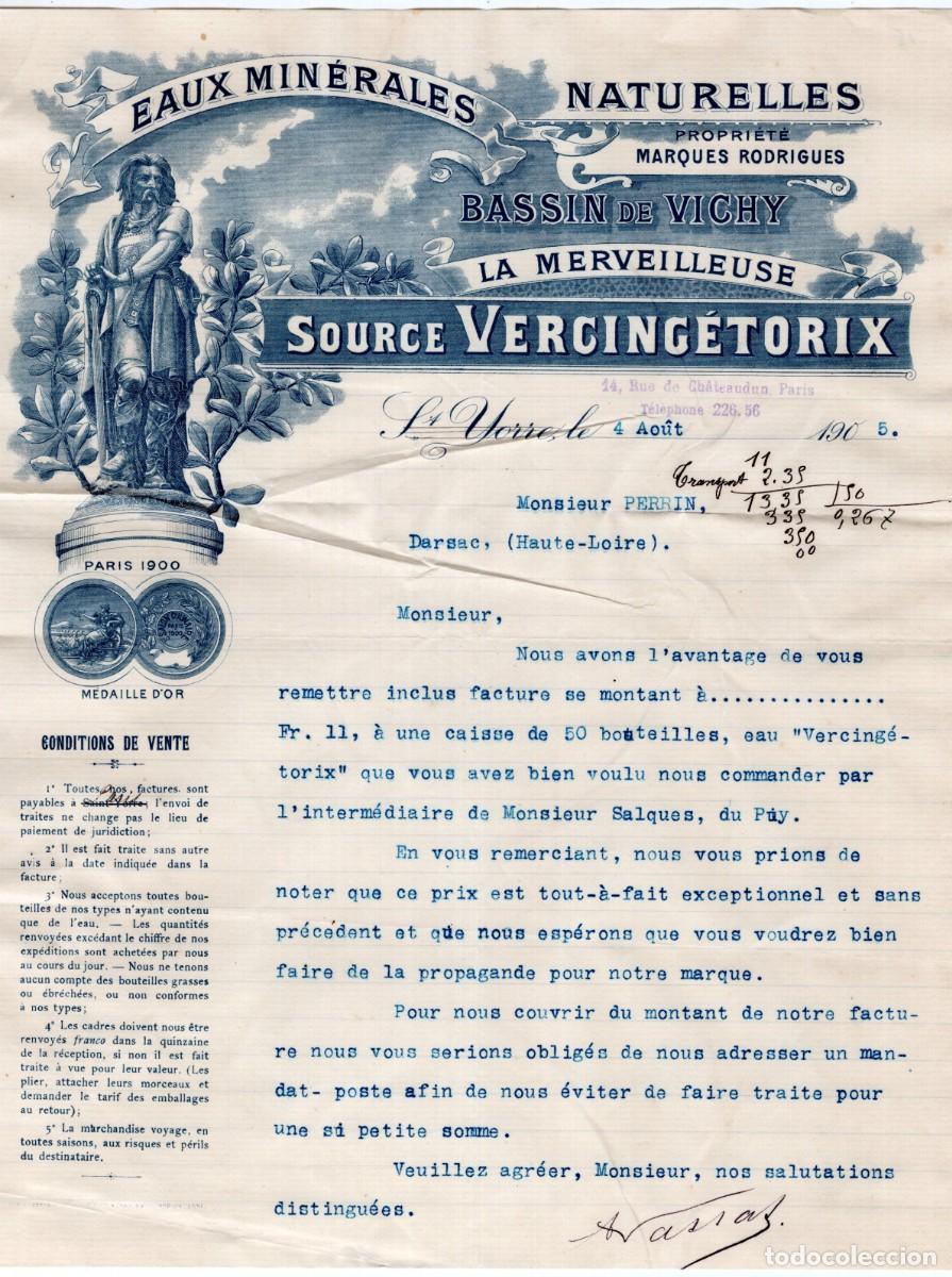 Cartas comerciales: EAUX MIN&Eacute;RALES NATURELES SOURCE VERCING&Eacute;TORIX 1905 - Foto 1