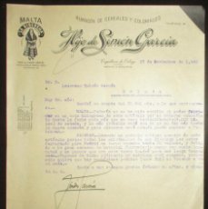 Cartas comerciales: HIJO DE SIMÓN GARCÍA. MALTA LA RIBEREÑA. CEREALES Y COLONIALES DE VEGUELLINA DE ÓRBIGO. 1940.. Lote 396668499