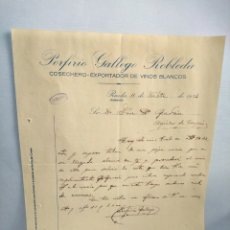 Cartas comerciales: ANTIGUA CARTA COMERCIAL PORFIRIO GALLEGO ROBLEDA. COSECHERO-EXPORTADOR VINOS BLANCOS. RUEDA 1924