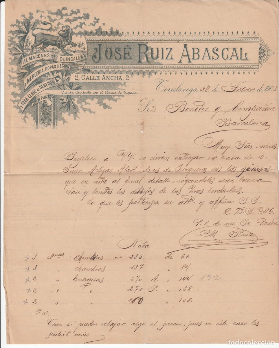 Cartas comerciales: CARTA COMERCIAL DE JOS&Eacute; RUIZ ABASCAL EN TORRELAVEGA - 1903 - Foto 1