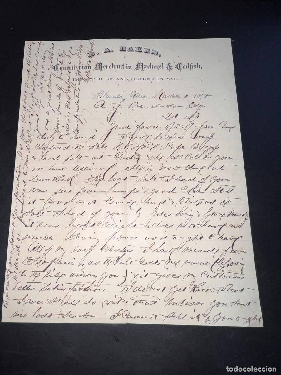 Cartas comerciales: CARTA COMERCIAL. B.A. BAKER. COMMISSION MERCHANT IN MACHEREL & CODFISH. GLOUCESTER, 1878 - Foto 1