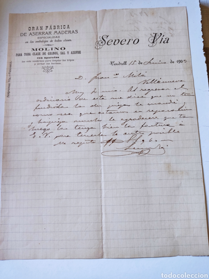 Cartas comerciales: Carta Comercial de Severo V&iacute;a,Vendrell 1903 - Foto 1