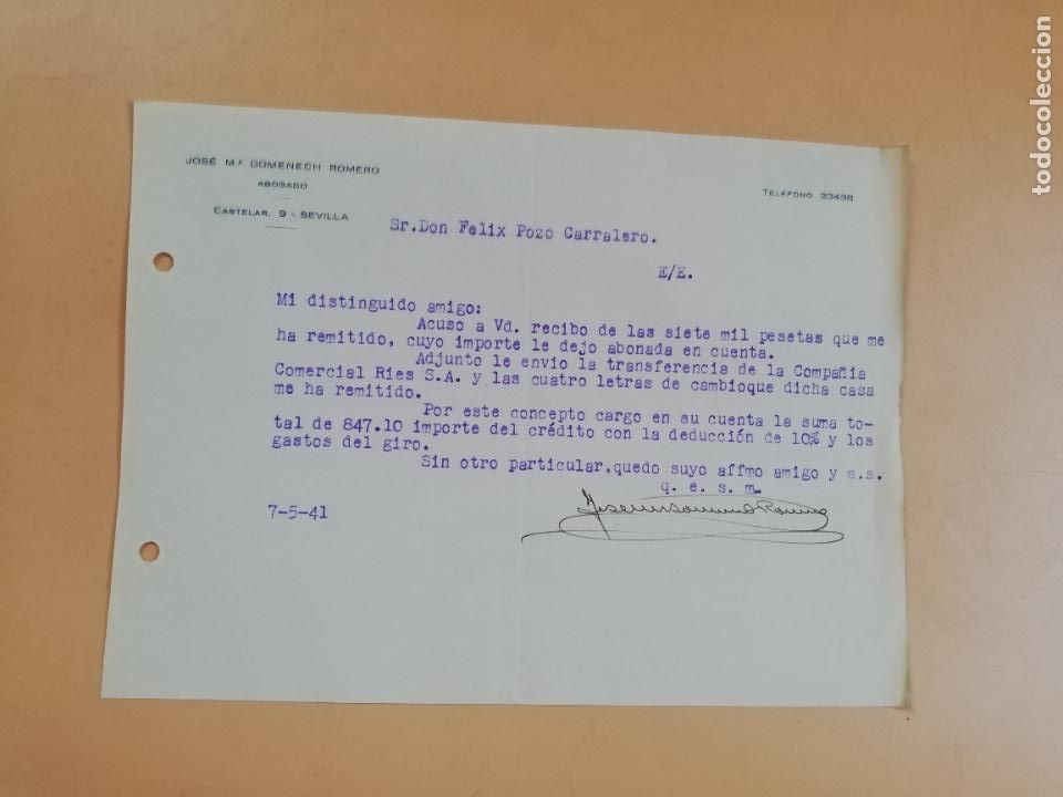 Gesch&auml;ftsbriefe: CARTA COMERCIAL. ABOGADO. JOSE M&ordf;. DOMENECH ROMERO. SEVILLA, 1941.