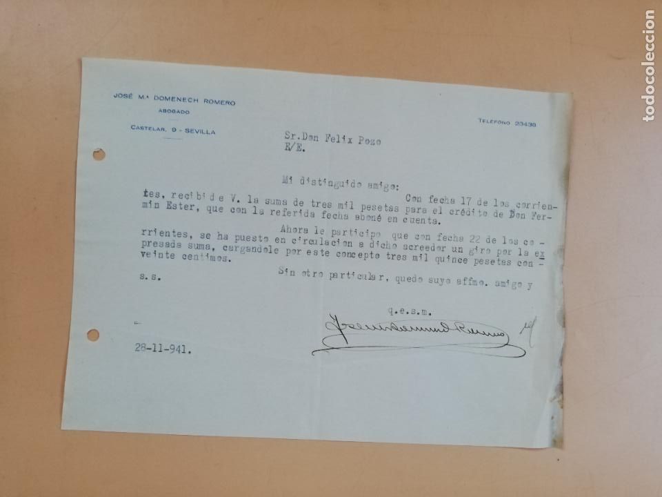 Gesch&auml;ftsbriefe: CARTA COMERCIAL. ABOGADO. JOSE M&ordf;. DOMENECH ROMERO. SEVILLA, 1941.