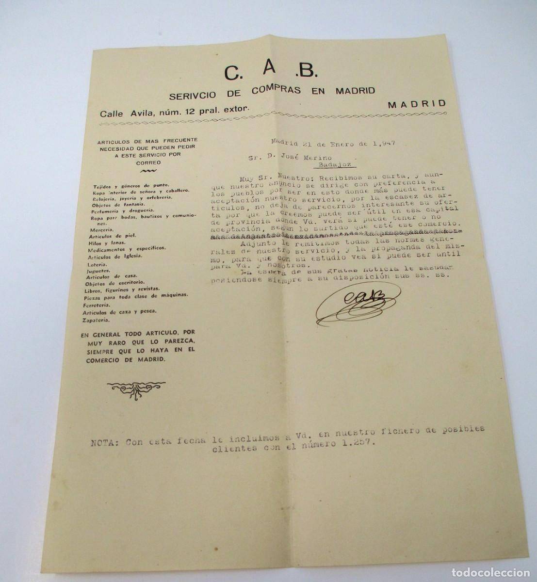 Gesch&auml;ftsbriefe: Carta Comercial de 1947 de C.A.B. Servicio de compras en Madrid. Mide 28,5 x 20,5 cm