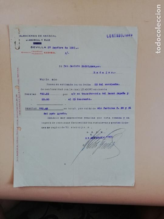 Cartas comerciales: CARTA COMERCIAL. ALMACENES DE ABASCAL. JOSE ABASCAL Y RUIZ. SEVILLA, 1921. - Foto 1