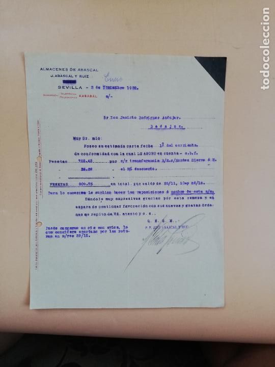Cartas comerciales: CARTA COMERCIAL. ALMACENES DE ABASCAL. JOSE ABASCAL Y RUIZ. SEVILLA, 1922. - Foto 1