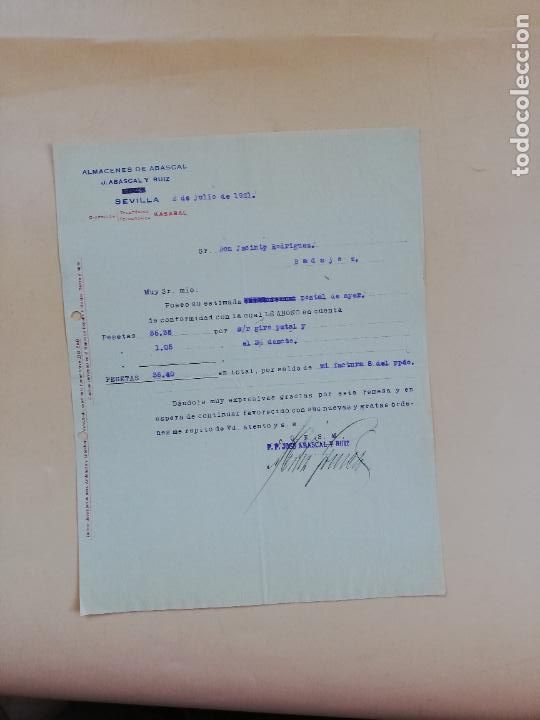 Cartas comerciales: CARTA COMERCIAL. ALMACENES DE ABASCAL. JOSE ABASCAL Y RUIZ. SEVILLA, 1921. - Foto 1