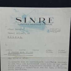 Cartas comerciales: SINRE - SUMINISTROS INDUSTRIALES Y NAVALES. ANTIGUA CARTA COMERCIAL. BILBAO 1961