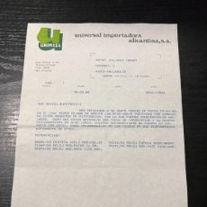Cartas comerciales: CARTA COMERCIAL. UNIMASA. UNIVERSAL IMPORTADORA ALICANTINA S.A. IBI-ALICANTE, 1988