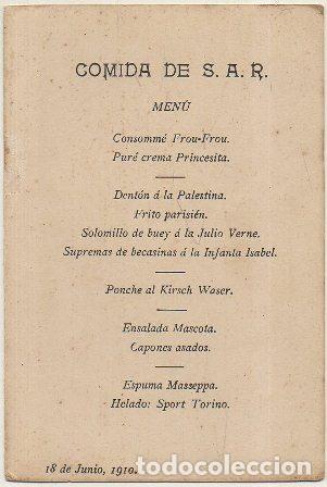Cartas comerciales: MENU COMIDA DE S. A. R. JUNIO DE 1910 MENU-051 - Foto 1