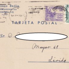 Cartas comerciales: TARJETA COMERCIAL 1949 DE BARCELONA A LÉRIDA - FRANCISCO BADÍA / AUXILIO A LAS VÍCTIMAS DE LA GUER..