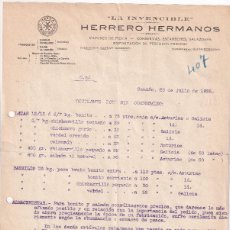Cartas comerciales: CARTA. LA INVENCIBLE. HERRERO HERMANOS. PESCA, CONSERVAS. CANDÁS, 1926. ASTURIAS. LISTA DE PRECIOS