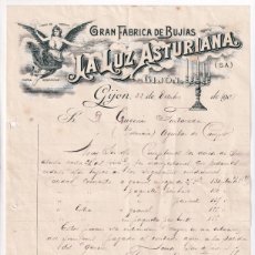 Cartas comerciales: BONITA FACTURA LITOGRAFIADA. GRAN FÁBRICA DE BUJÍAS LA LUZ ASTURIANA. GIJÓN, 1909. ASTURIAS