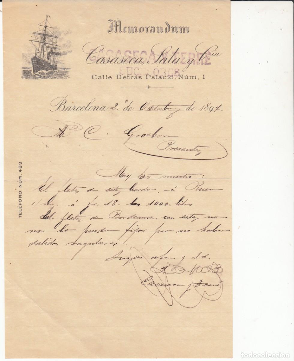 Cartas comerciales: 1897 MEMORANDUM DE CASSASECA Y TERR&Eacute; EN BARCELONA - Foto 1