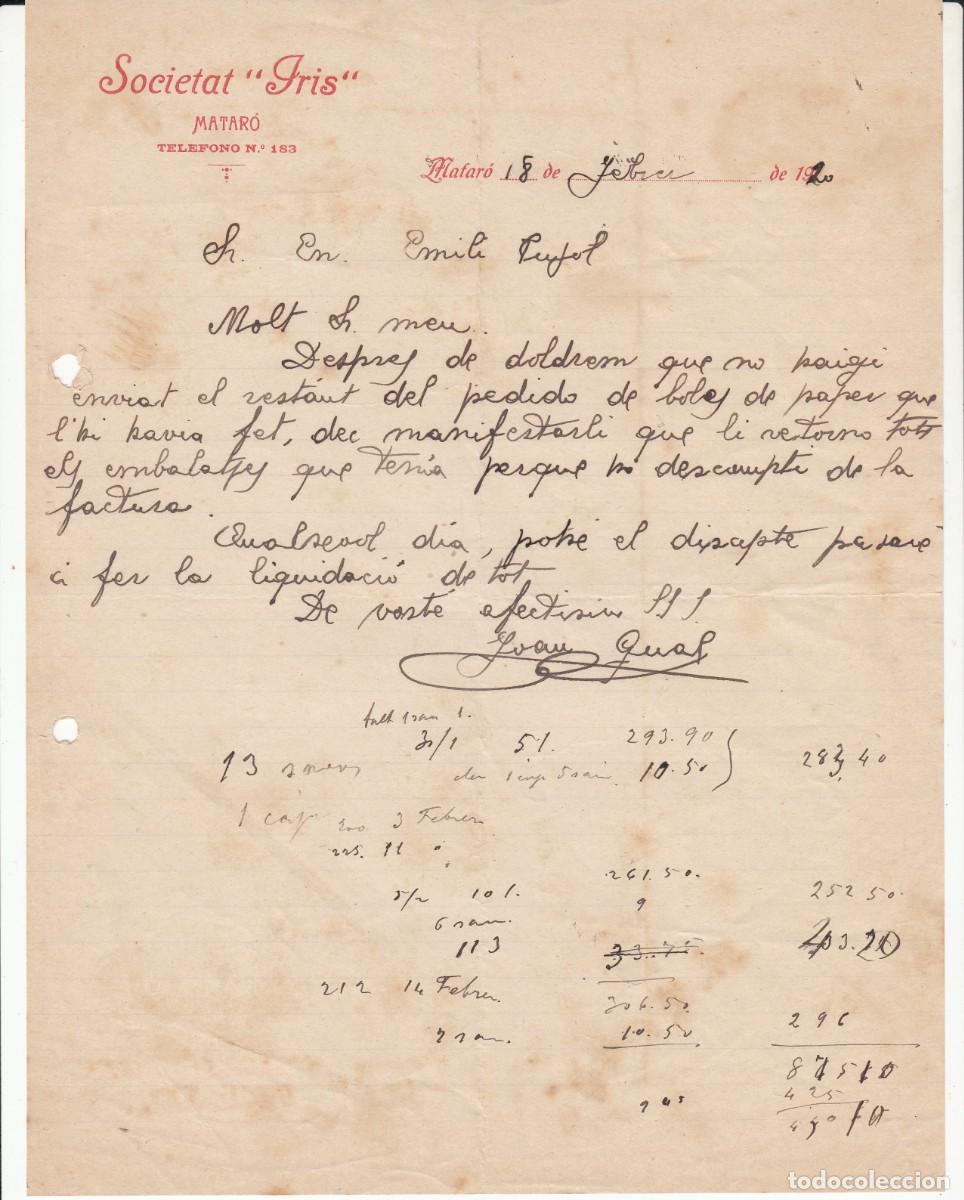 Cartas comerciales: CARTA COMERCIAL DE SOCIETAT IRIS EN MATAR&Oacute; - 1920 - Foto 1